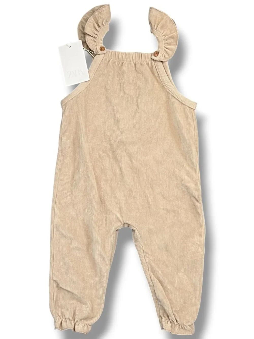 NWT Zara Girls Cream Cord Ruffle Dungaree Overall Romper Jumpsuit Size 12-18M
